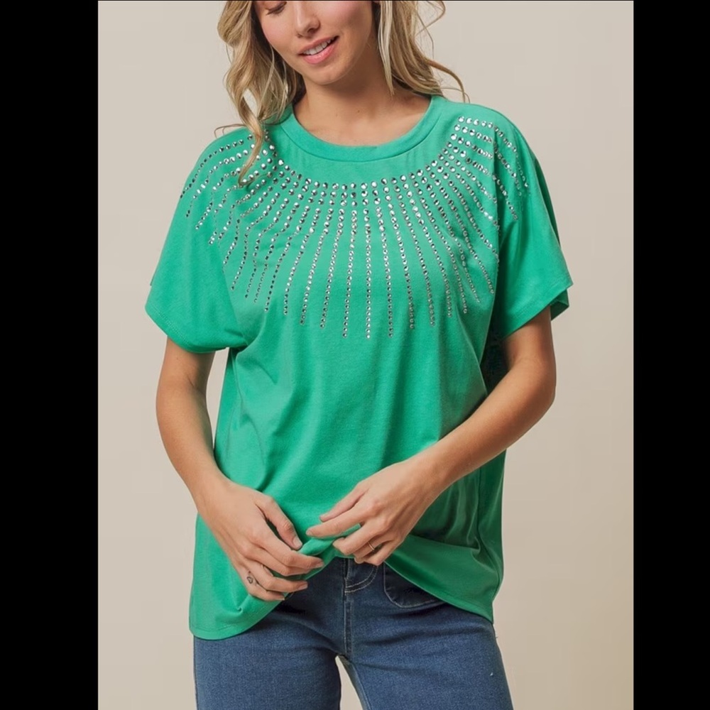 NWT BiBi Rhinestone Sunburst Tee - Emerald Green